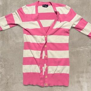 Ralph Lauren Pink White Striped Cardigan Button Front Preppy Cotton Sweater